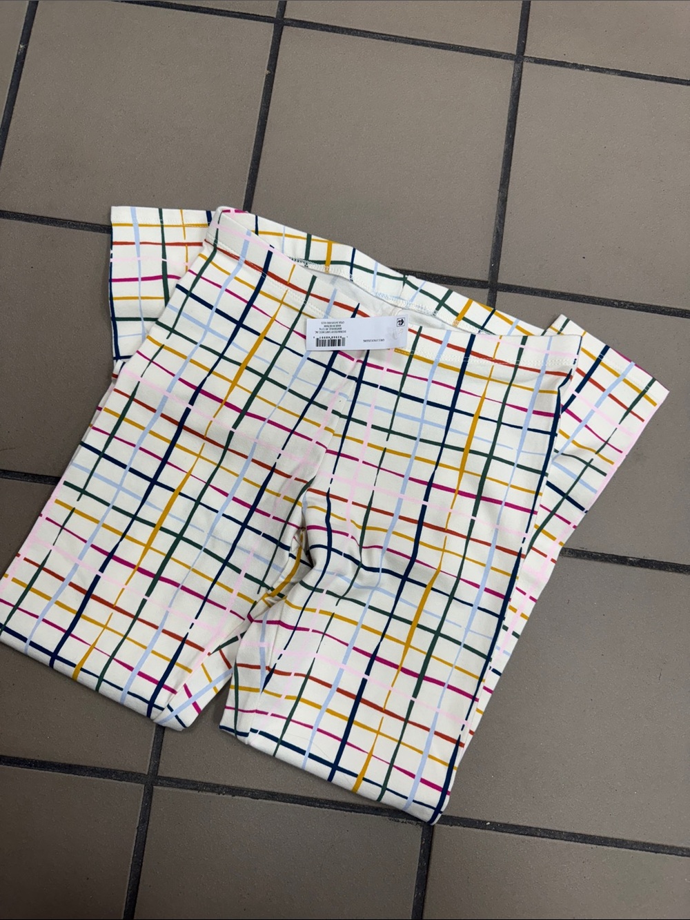 Kids White Grid-Print Stretch Leggings with Multicolor Lines